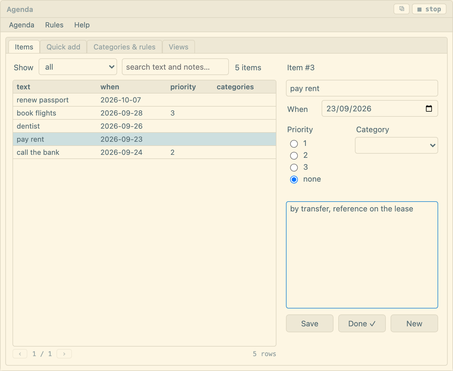 The Agenda form: tabs for items, quick add, categories and rules, and views; a grid of items and an editor for the picked one