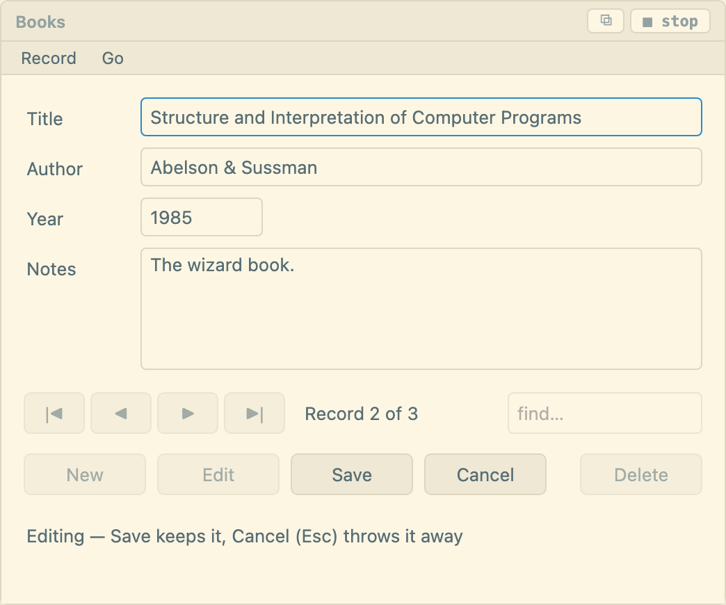 The Books form: title, author, year and notes boxes, record navigation buttons, and New, Edit, Save, Cancel, Delete