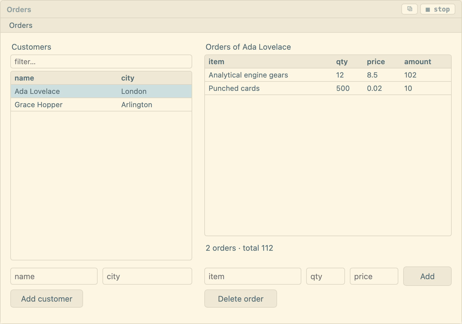 The Orders form: customers on the left, the picked customer's orders on the right with an amount column and a total