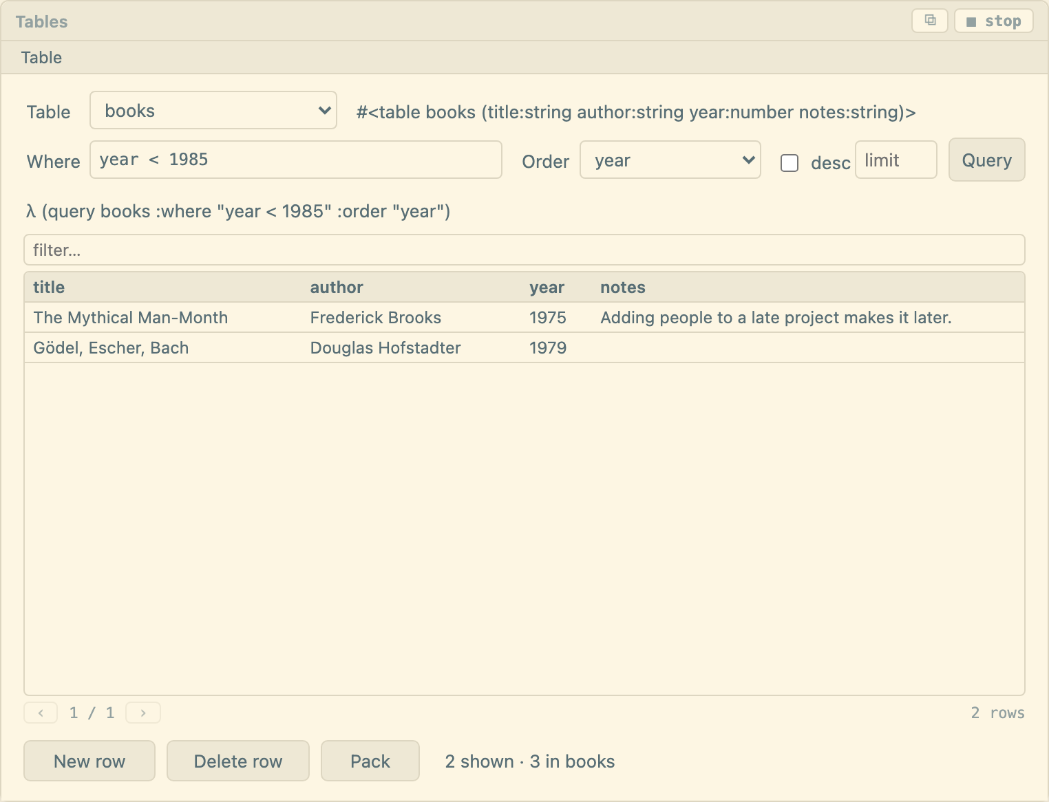 The Tables form: the books table filtered by year and ordered, with the query it ran shown above the grid